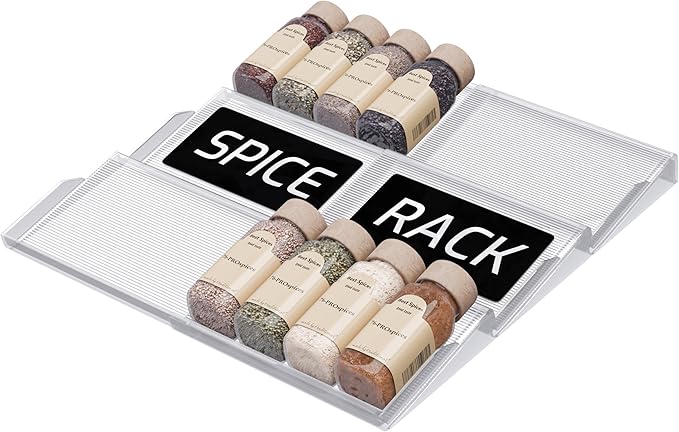 LEVANI Spice Drawer Organizer – 3 Large Tiers, Anti-Slip Grips, Narrow to Standard Drawer Size - Expandable from 8 – 15 inches Wide, Clear Durable Acrylic Spice Rack, No Sliding in Kitchen Drawers