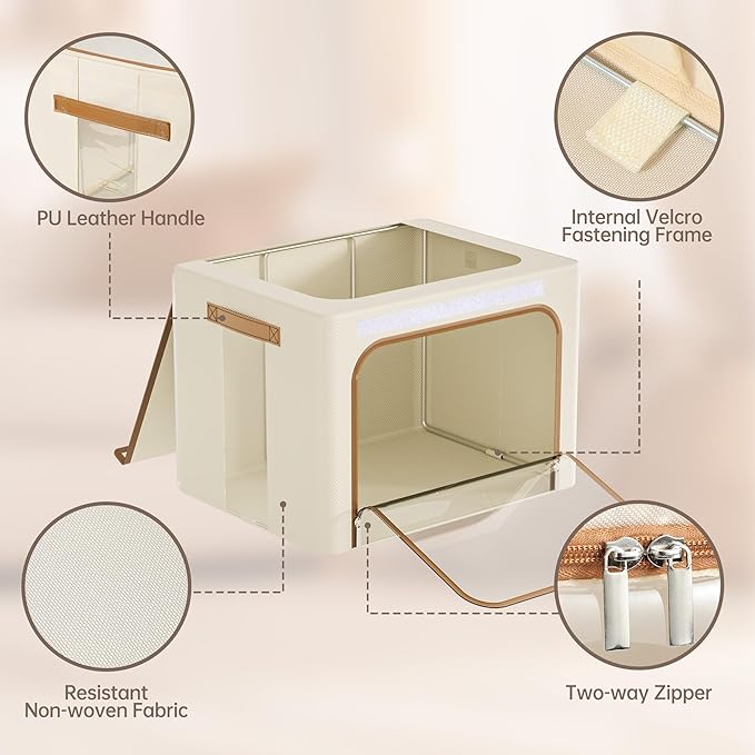 Yecaye Clothes Storage Bins with Metal Frame, Foldable Clothing Storage Bin with Lid, Stackable Oxford Fabric Organizer Box With Clear Window & Zippers & PU Leather Handles (3 Pack,Beige,40L)