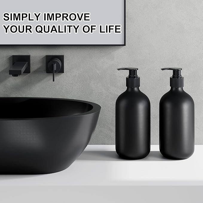 2Pcs Black Soap Dispenser, 16oz Plastic Dish & Hand Soap Dispenser for Kitchen, Empty Liquid & Lotion Dispenser Set for Bathroom Accessories