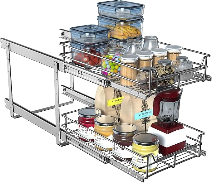 JOWBOOW 2-Tier Cabinet Pull Out Shelves (14" W x 22" D), Slide Out Shelves for Kitchen Cabinets, Metal Under Cabinet Roll Out Shelf