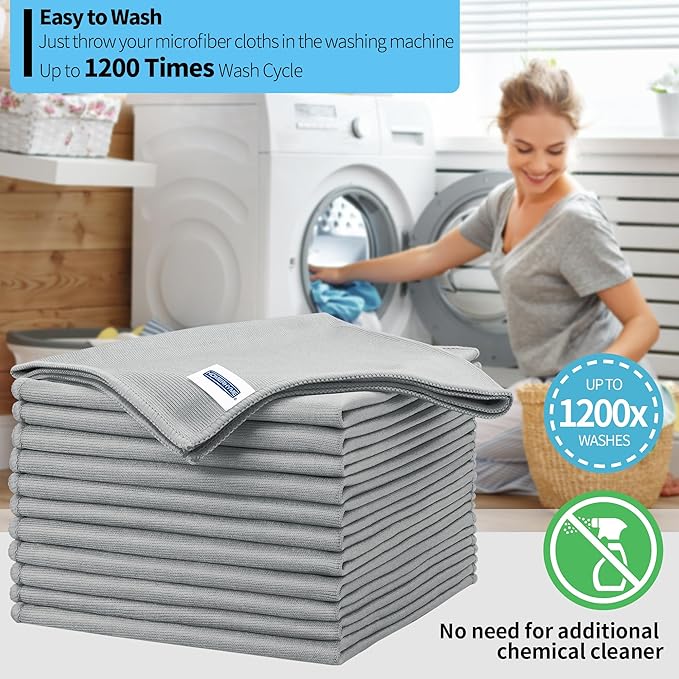 HOMERHYME Microfiber Cleaning Cloth, 12 Pack Window Glasses Cleaning Cloth, Reusable Lint-Free Streak Free Polishing Cloth Wipes for Stainless Steel, Eyeglasses, Mirrors, Screens & Lenses,12"*12" Grey