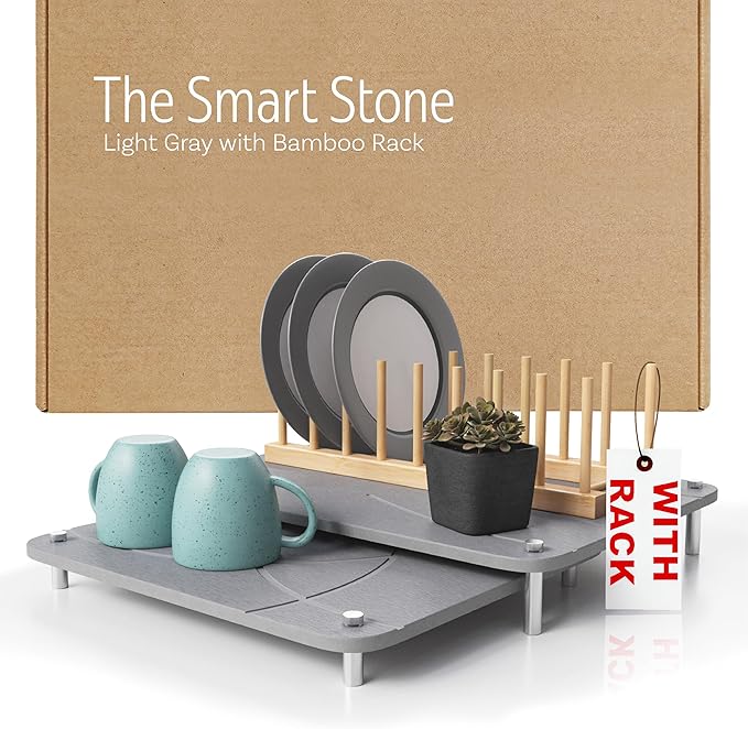 Nested Dish Drying Stone Mat with Bamboo Rack | 2 Pcs Diatomaceous Earth Stone Drying Mats for Kitchen Counter with Non-Slip Feet | Collapsible Large Drying Stone for Dishes (Light Gray)