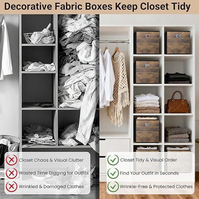 6-Pack Durable Cube Storage Bin with Decorative Wood Grain,Thickened Fabric Storage Basket Space-saving Cubby Boxes for Shelves,Closet,Bedroom,Office,Nursery,Dorm,RV, 12x12x12in (Medium