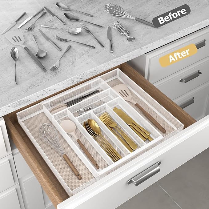 Silverware Organizer Metal Mesh, Large Drawer Organizer, Utensil Cutlery Tray for kitchen drawers, Expandable Flatware Organizer with 8 Compartment White 11.6"~20" x 17.3"