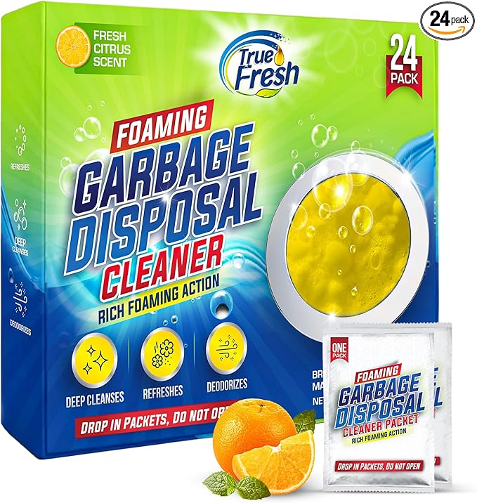 True Fresh Garbage Disposal Cleaner Powder Packets, Large 15g Drop-In Sink Packets, Deep Foaming Sink & Drain Cleaner for Grease & Residue, Disposal Cleaner and Deodorizer, Fresh Citrus Scent, 24 Pack