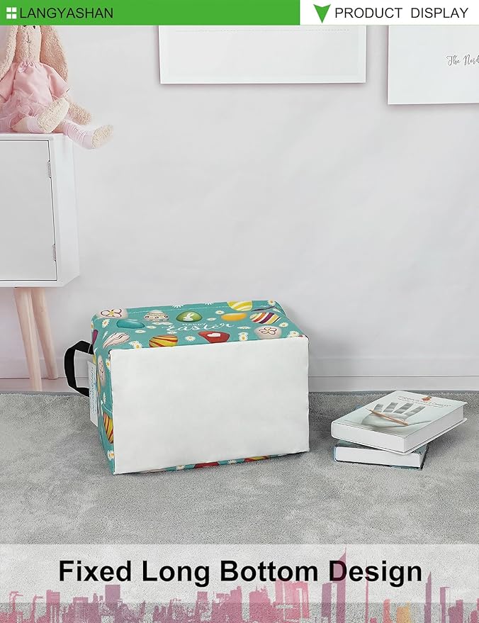 LANGYASHAN Rectangular Storage Bin Collapse Canvas Fabric Cartoon Storage Basket with Handles for Organizing Home Kitchen Boys and Girls Toys Office Closet Shelf Baskets (Rec Daisy Easter Egg)