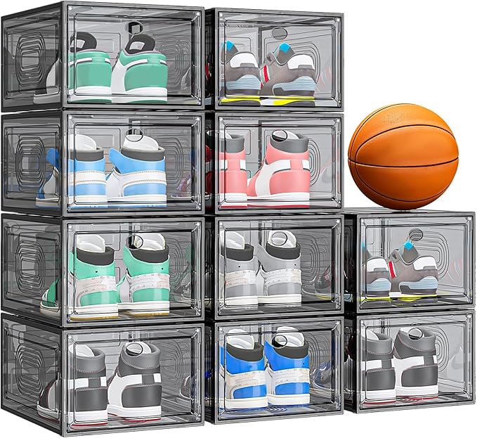 caktraie 10 Pack Thicken Shoe Organizer Stackable,Upgraded Sturdy Shoe Storage Box with Magnetic Door,Shoe Containers For Sneaker Display,Hat Organizer,Black…