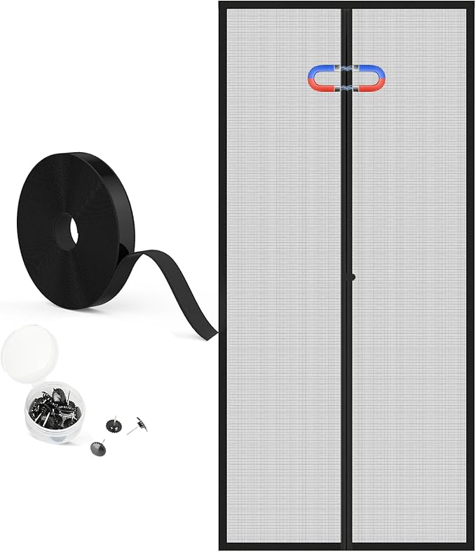Magnetic Screen Door Mesh - Clear View Door Screen Mesh Size 38"x83" Fit Door 36 x 82 Inch,Heavy Duty Screen Door with Magnet Self-Closing & Windproof Hasp,Keep Bugs Out, Kid & Pet Friendly