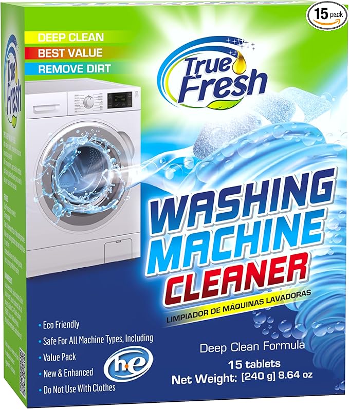 True Fresh Washing Machine Cleaner Descaler 15 Pack Tablets, Deep Cleaning Deodorizer for HE Front & Top Load Washers, Eliminates Odor Buildup Residue Grime, Cleans Drum Pump Valve Hoses Septic Safe