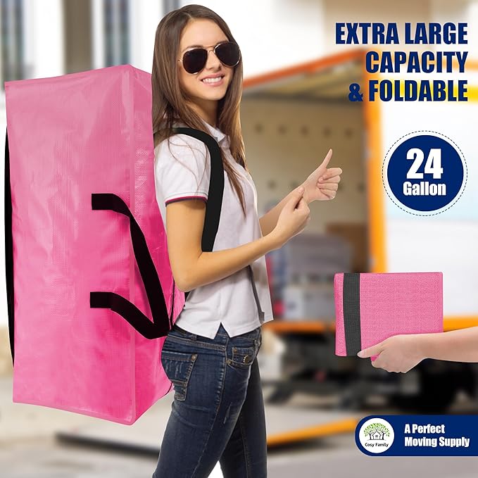 Cosy Family 4 Pack Heavy Duty Extra Large Moving Bags with Backpack Straps - Strong Handles & Zippers, Storage Totes For Space Saving, Fold Flat, Alternative to Moving Box, Pink