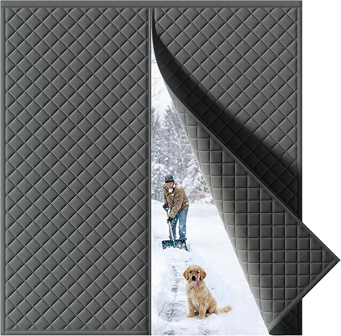 Magnetic Thermal Insulated Door Curtain Fits Door Size 72 x 80 Inch, Insulation Cover for Cold, Oxford Cloth Thicken Cotton Filled Blanket for Front Back Attic Door in Winter, Grey