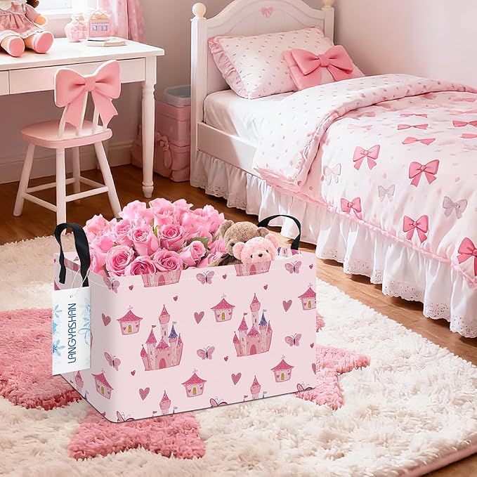 LANGYASHAN Rectangular Storage Bin Collapse Canvas Fabric Cartoon Storage Basket with Handles for Organizing Home Kitchen Boys and Girls Toys Office Closet Shelf Baskets (Rec Pink Castle)