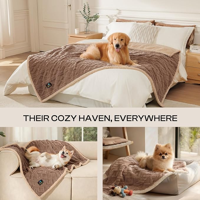 Luciphia Waterproof Pet Blanket, Liquid Pee Proof Dog Blanket for Sofa Bed Couch, Reversible Sherpa Fleece Furniture Protector Cover for Small Medium Large Dogs Cats, Khaki Queen Size（90" x 82"）