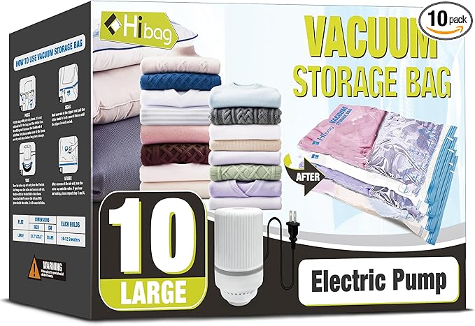 HIBAG Vacuum Storage Bags with Electric Pump, Vacuum Seal Space Saver Bags for Clothes, Clothing, Pillows, Blanket Bedding Comforters, Large 10 pack