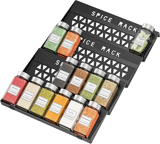 Spice Drawer Organizer, 4 Tier Metal Spice Organizer for Drawer Insert, Spice Organization for Drawer, Kitchen, Countertop, Pantry (Jars Not Included)
