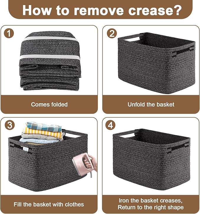 Storage Baskets for Organizing, Woven Decorative Baskets for Shelves - Books, Towels, and Clothes, Cotton Rope Toy Storage Bins, 12.7''Lx9''Wx7.8''H, Pack of 4, Black and White