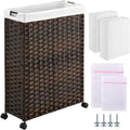Greenstell Laundry Hamper with Wheels, 17.4 Gallon (66L) Slim Laundry Basket with 2 Removable Liner Bags & 2 Mesh Bags, Narrow Rattan Clothes Hamper for Bedroom, Laundry Room, Bathroom, Brown