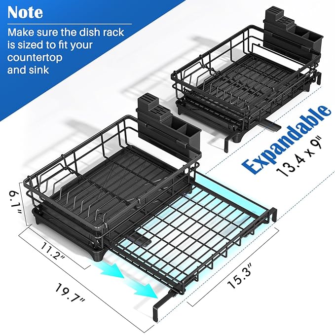Storico Large Dish Drying Rack - Extendable Dish Rack, Dish Drainer for Kitchen Counter, Dish Drainer with Adjustable Support Legs & Utensil Holder, Black