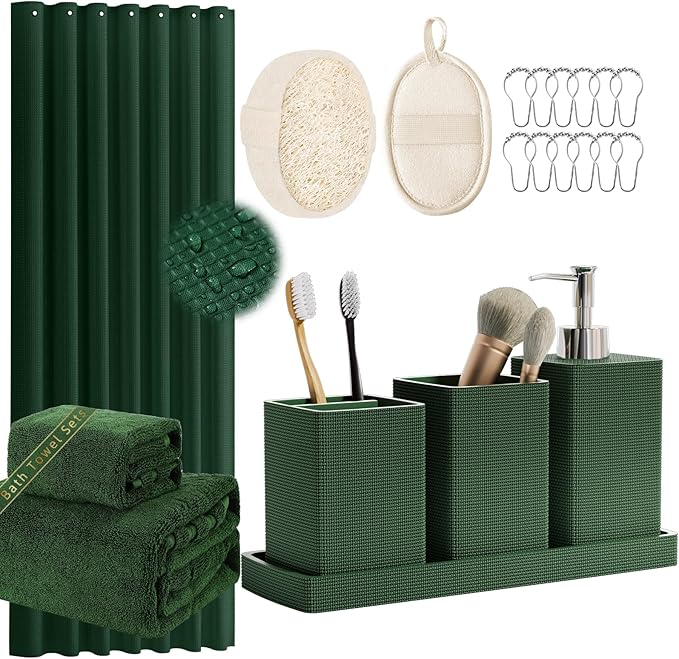 Resin Green Bathroom Set, Dark Green Bathroom Accessories Set with Shower Curtain, Bath Towel Sets, Natural Loofah Sponge, Soap Dispenser, Toothbrush Holder, Bathroom Tumbler and Tray for Bathroom