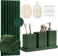 Resin Green Bathroom Set, Dark Green Bathroom Accessories Set with Shower Curtain, Bath Towel Sets, Natural Loofah Sponge, Soap Dispenser, Toothbrush Holder, Bathroom Tumbler and Tray for Bathroom