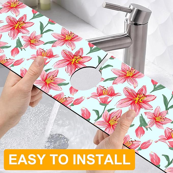 2 Pack Vintage Flowers Leaves Sink Faucet Absorbing Mat Colorful Llilies Super Absorbent Fast Drying Mat Sink Gadgets Behind Faucet Sinkmat for Kitchen Bathroom, 23.5"x5.5"