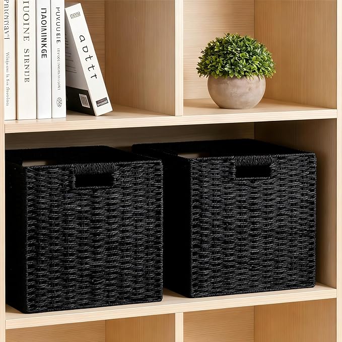 UBBCARE 2 Pack Wicker Basket, 11L×11H×10.5W inch Woven Paper Rope Storage Baskets for shelves, Foldable Cube Storage bin with Handle, Storage Basket for Organizing (Black, Cube-2pack 11")