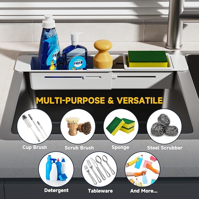 NiHome Extendable Over Sink Kitchen Organizer, Small Telescopic Brush Storage Rack for Sponge, Non-Slip Pads Expandable Sink Caddy, Adjustable Sponge/Brush Rack with Drainage Durable ABS (Gray)