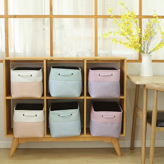 Sea Team 3-Pack Large Storage Basket Set, Trunk Organizer, Clothes Toys Bin, 15 x 10 x 10 Inches, Big Rectangular Canvas Fabric Collapsible Shelf Box with Handles for Kids Room (Pale Blush/White)
