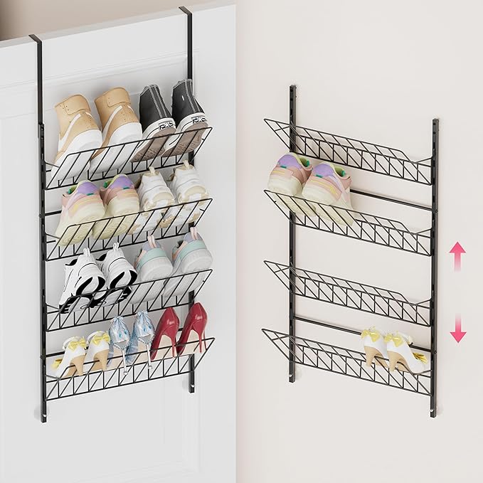 SWTYMIKI Over The Door Shoe Organizer - Adjustable 4 Tier Hanging Shoe Rack Organizer, Metal Heavy Duty Behind Door Storage or Wall Mount Shoes Shelf for Flats, Heels, Sneakers, Boots