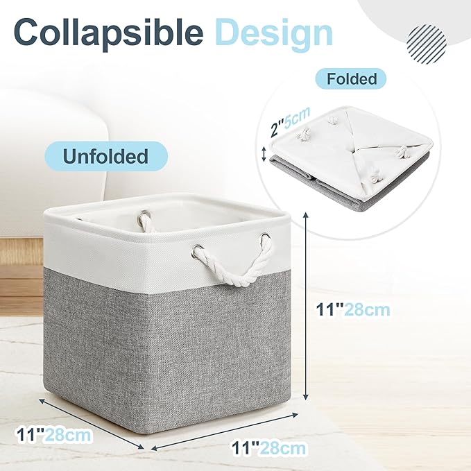 Posprica 11×11×11 Storage Cubes, Collapsible Storage Bins Organizer for Closet, Fabric Storage Box with Cotton Rope Handles, Decorative Storage Baskets for Shelves, Nursery, Toy, set of 6 - White/Gray