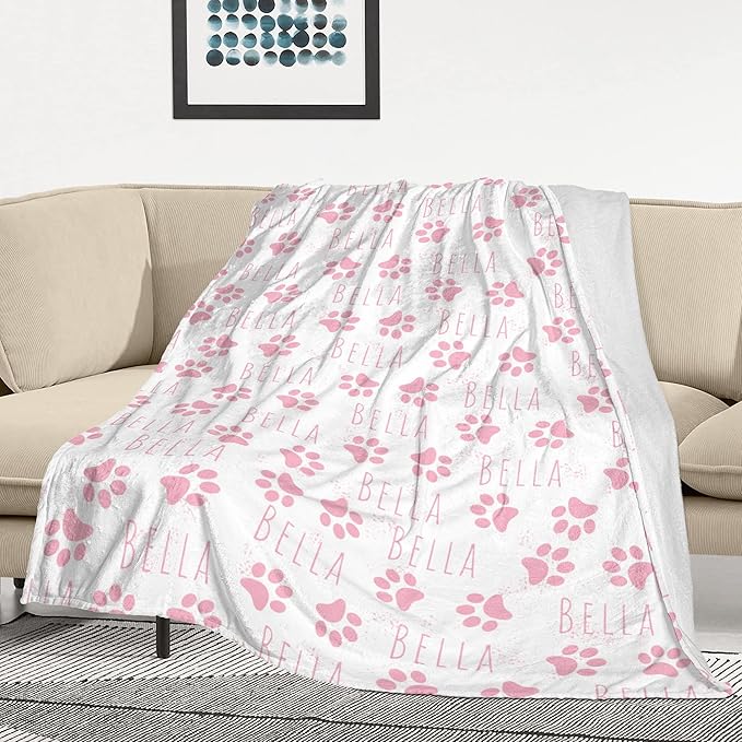 Personalized Dog Blanket, Custom Paw Print Dog Blanket with Pets Name, Stuff for Pets, Customized Puppy Blanket with Name, Pets Bereavement/Passing Away Gifts