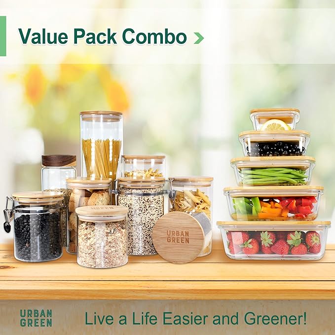 Urban Green Glass Jars with Airtight Lids, Airtight Glass Canisters with Locking Lids, (Bamboo-20oz)