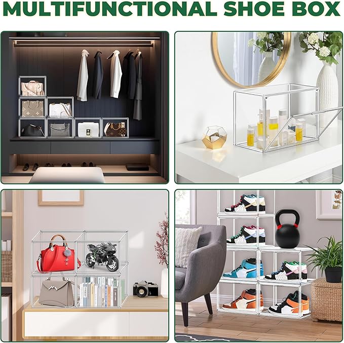 EDS FAM 12 Pack X-Large Acrylic Display Case, Size 14 Clear Shoe Box Stackable Sneaker Display Case with Magnetic Lid Multipurpose Storage Bin for Closet for Purses, Handbags, Cosmetics, Collectibles