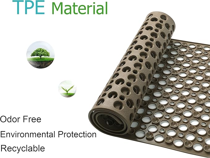 Mantto Nonslip Bath Tub Shower Mat with Suction Cups, Extra Soft TPE Bath Mat for Kids, Bathtub Bathroom Mats, Machine Washable, Smooth/Non-Textured Tubs Only, 35L x 16W Inch(Brown)