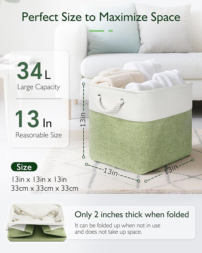 13x13x13 Cube Storage Bins,4 Pack Large Foldable Fabric Storage Cubes with Handles for Organizing Home, Closet, Shelf, Office(White&Green)