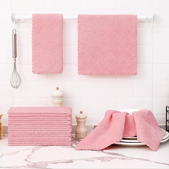 Homaxy 12 Pack Dish Towels for Kitchen (10 x 20 Inches, Pink), Super Soft and Absorbent Coral Velvet Dish Cloths for Washing Dishes, Nonstick Oil Fast Drying Microfiber Cleaning Cloth
