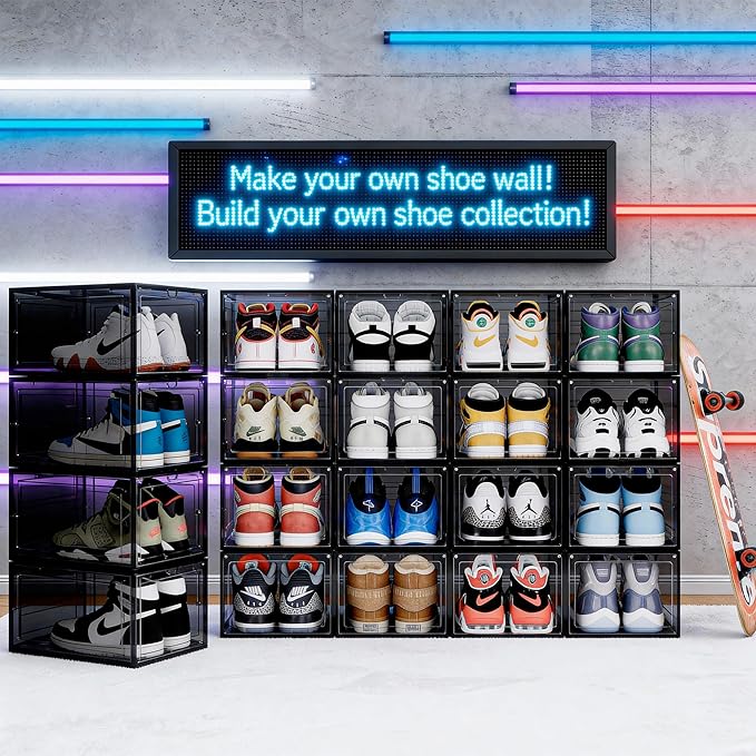 Pinkpum Upgraded Hard Shoe Storage Box 12 Pack X-Large Fit Size 12, Thicken & Sturdy Clear Plastic Stackable Shoe Organizer Box Closet, Sneaker Storage Display Case Holder Bins with Magnetic Door