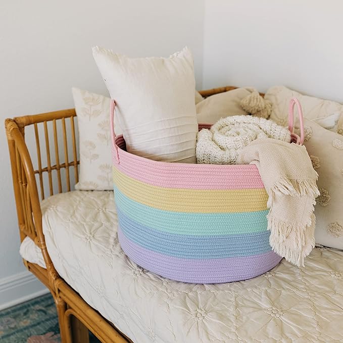OrganiHaus Rainbow Blanket Basket for Classroom & Nursery, Extra Large Woven Laundry Basket W/Handles, Kids Toy Organizer & Storage, Soft Round Dog Toy Storage Bin, Cute Bin - 20"x13" in