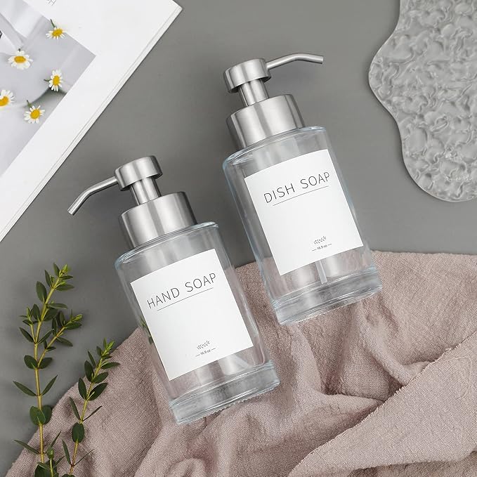 Foaming Soap Dispenser Set, 12 Oz Glass Hand Soap Dispenser with 304 Rust Proof Stainless Steel Pump, Waterproof Labels, for Bathroom Decor Kitchen College Dorm, Clear Silver Pump