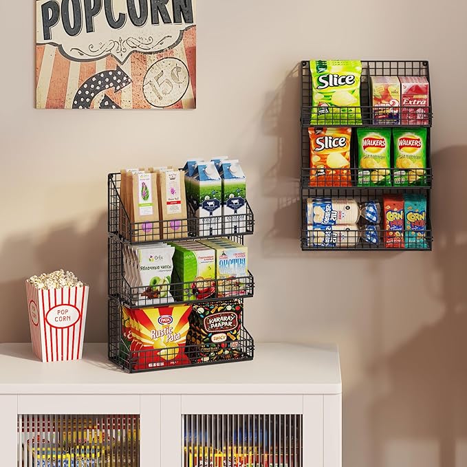 X-cosrack 3 Tier Large Stackable Snack Organizer - Versatile Wall Mounted Wire Storage Basket with Divider for Candy Chip Cans Bars - Ideal for Pantry Office Home