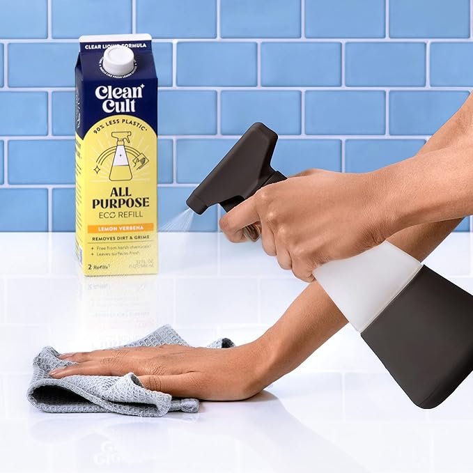 Cleancult Glass Spray Bottles (16oz, 2 Pack) - Refillable All Purpose Cleaning Spray Bottle - BPA-Free Plastic Nozzle & Non Slip Silicone Sleeve - Shatter Resistant, Dishwasher Safe - Matte Black