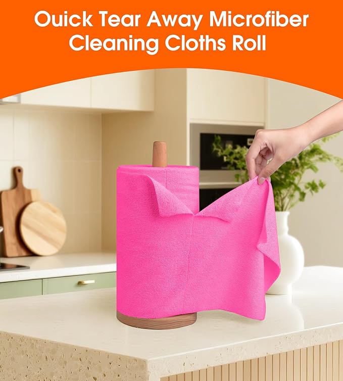 CHAUNCEY HOME Microfiber Cleaning Cloth Roll - 100 Pack Tear Away Microfiber Paper Towels, Reusable, Washable, Scratch-Free, Kitchen Towels for Car, Home, Kitchen, Glass, Dishes (Hot Pink)