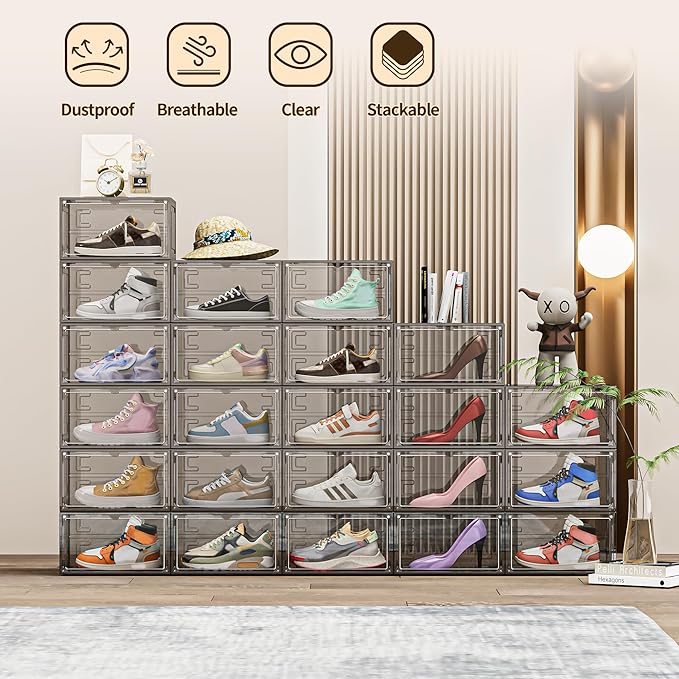 TOFWOF 8 Pack XX Large Shoe Organizer, Heavy-Duty Hard Thicken Plastic Clear Stackable Shoe Storage Box Organizer for Closet, Space-Saving Shoe Rack Display Case Bin Containers for Sneakers, Grey