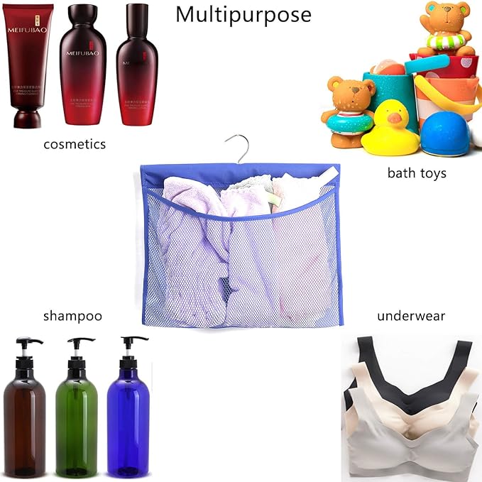 ALYER Hanging Mesh Shower Pockets for 34oz/1000ml Shampoo and Conditioner,Colorful Bath Toy organizer,Hanging Tandem Type Closet Accessories Storage Bag,Blue