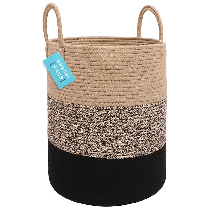 OrganiHaus Large Brown Woven Laundry Basket w/Handles 52L, Rope Dirty Clothes Hamper, Blanket Basket for Living Room, Baby Laundry Hamper for Nursery, Soft & Durable Decorative Organizer Bin