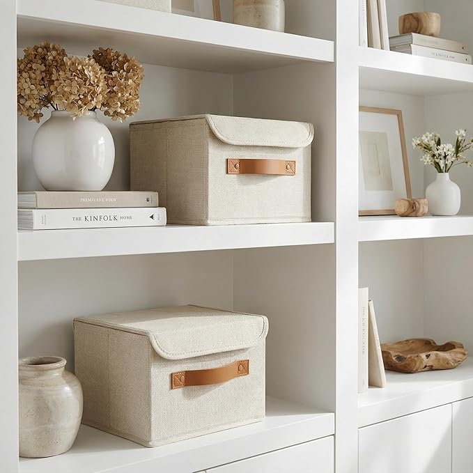Decorative Linen Storage Boxes with Lids - Spacious Set of 2 Organizer Bins for Your Home Decor - The Perfect Small Container to Safely Store Photos, Documents and Memory Box Keepsakes in Style