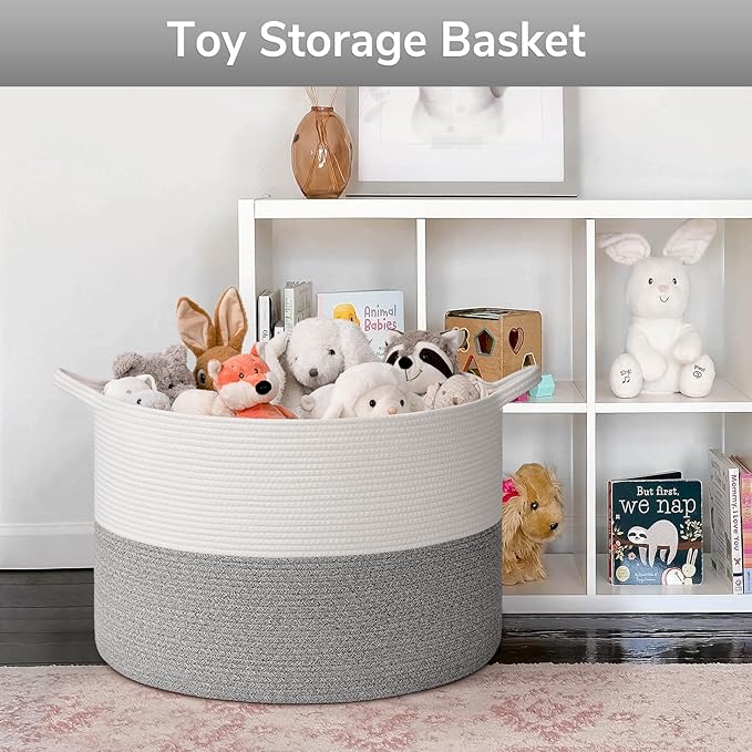 Goodpick Blanket Basket, 23.5'' x 15.8'' Cotton Rope Blanket Basket Living Room, Toy Organizers and Storage with Handles for Kids, 115L Grey