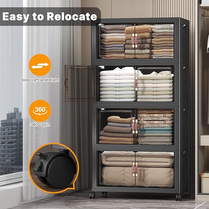 Extra Large Stackable Storage Bins with Lids & Wheels & Door,Foldable Collapsible Closet Organizers, Plastic containers drawers for bedroom Dorm (Dark-112QT, 5Pack with 1 top lid)