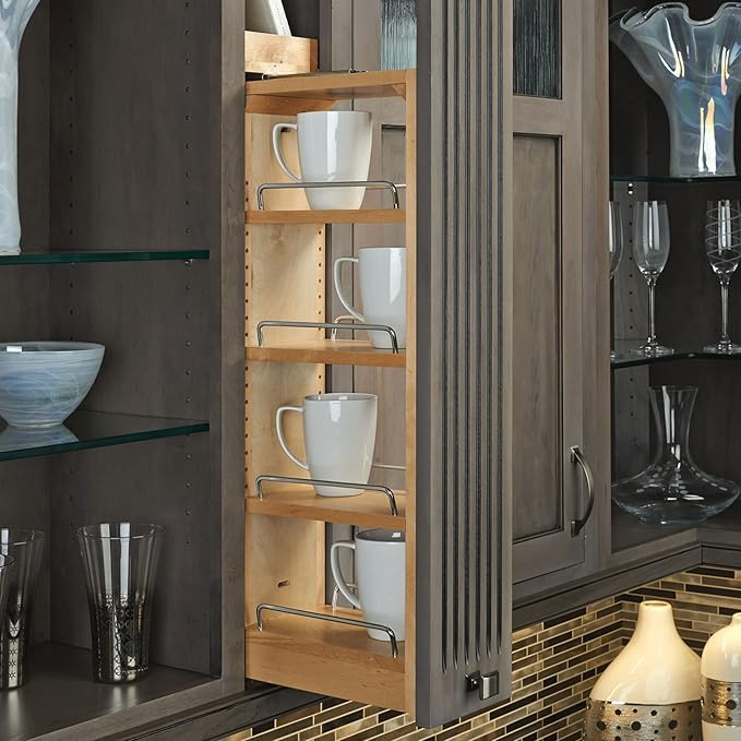 Rev-A-Shelf 6" W x 39" H Pull Out Quad Shelf Organizer for Wall & Base Kitchen Cabinets, Full Extension Filler Spice Rack, Adjustable, Wood, 432-WF39-6C