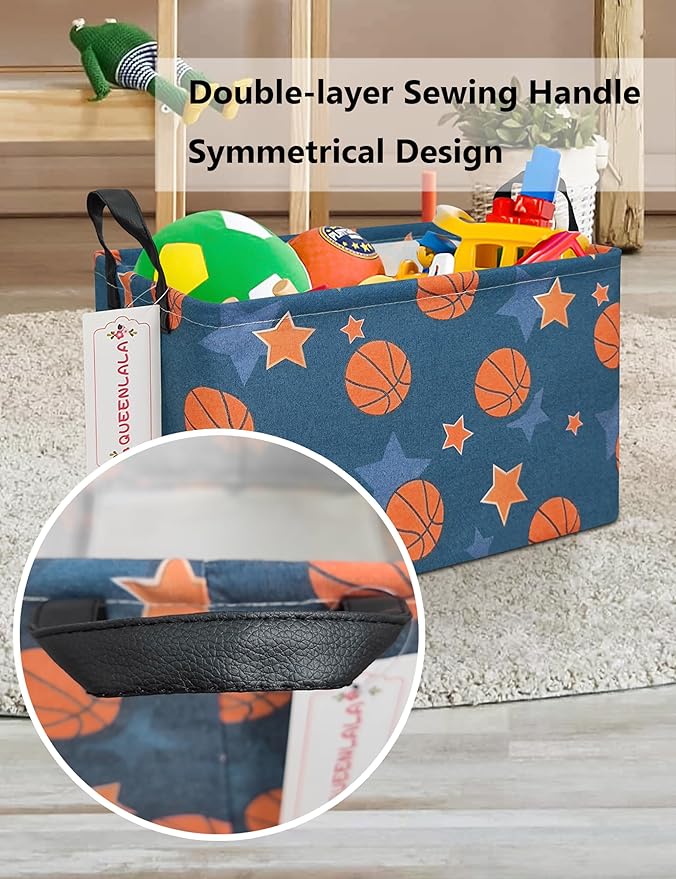QUEENLALA Rectangular Laundry Hamper/Foldable Nursery Laundry Basket for Organizing/Storage Bin Baskets/Children Toy Office Bedroom/Toy Bin Closet Shelf Baskets（Rec-Basketball）